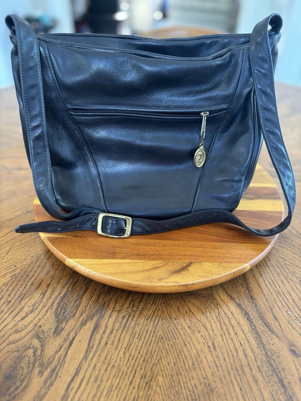 Stone Mountain Black Shoulder Bag Front Pocket Adjustable Strap Gold Hardware